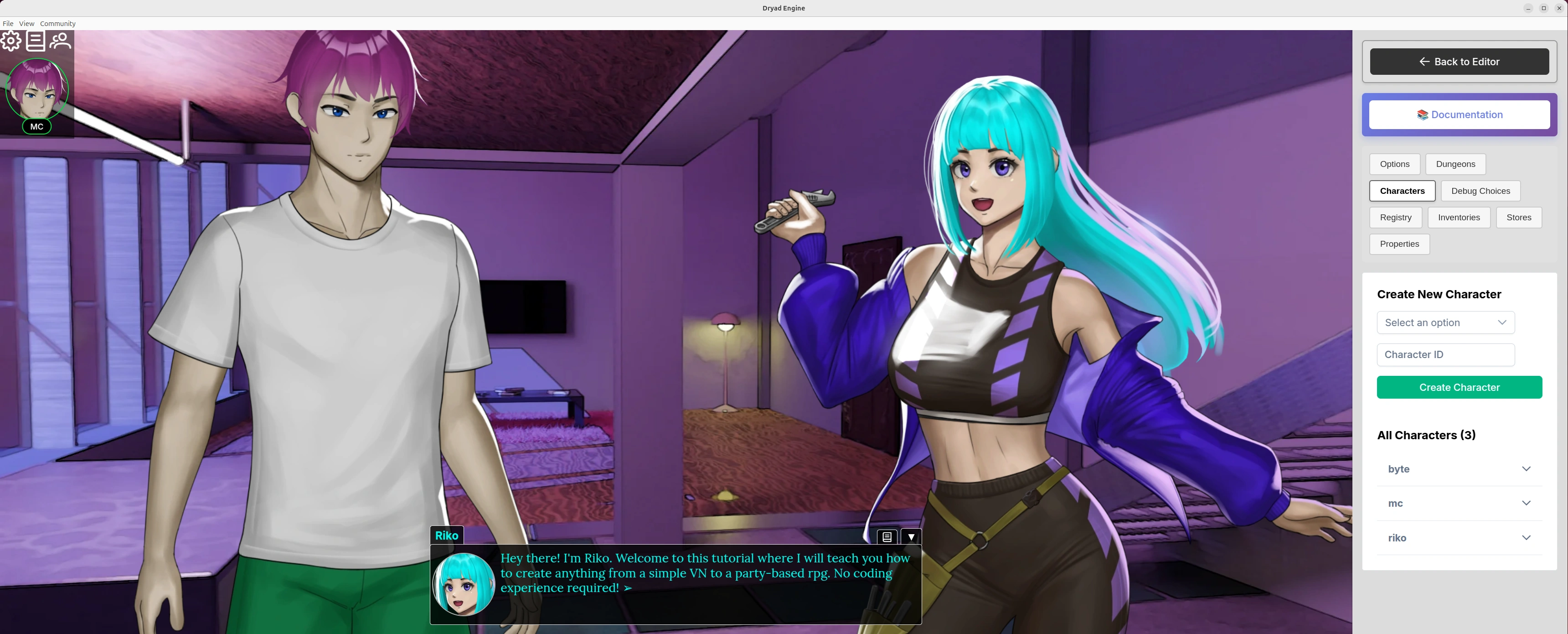 Dryad Engine tutorial game running with the visual editor open